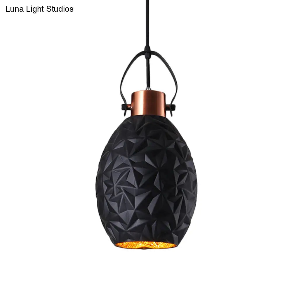 Elliptical Industrial Pendant Light With Textured Glass - Black/White/Blue 1 Bulb Copper Hanging