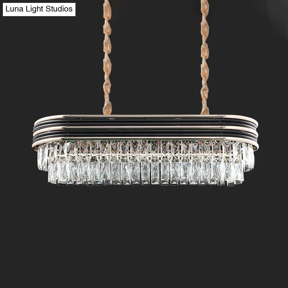 Elliptical Pendant Lamp With Cut Crystal - Modern 8-Bulb Hanging Light In Black For Island