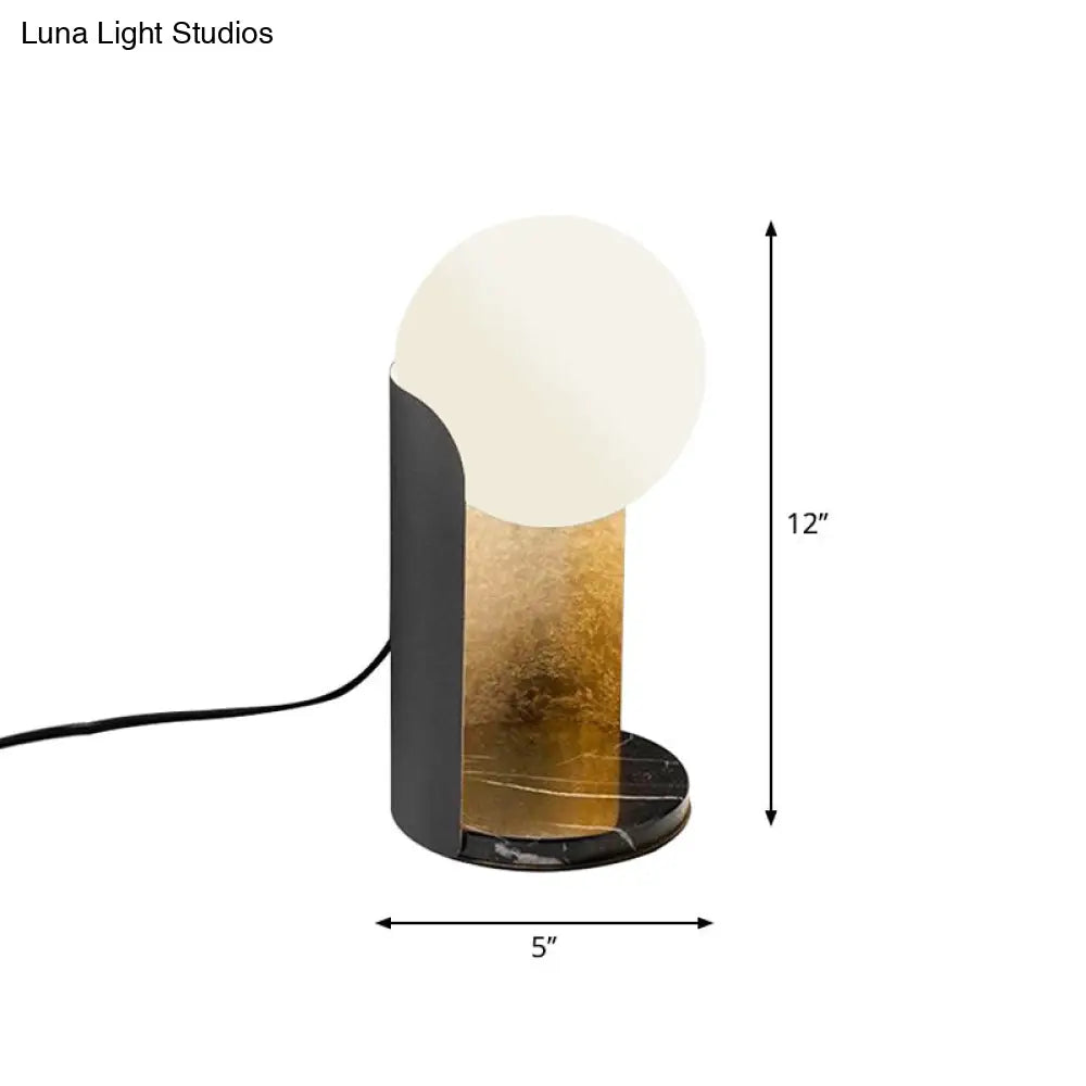 Designer Ball Shade Night Light White Glass Bedroom Table Lamp With Curved Black And Gold Stand