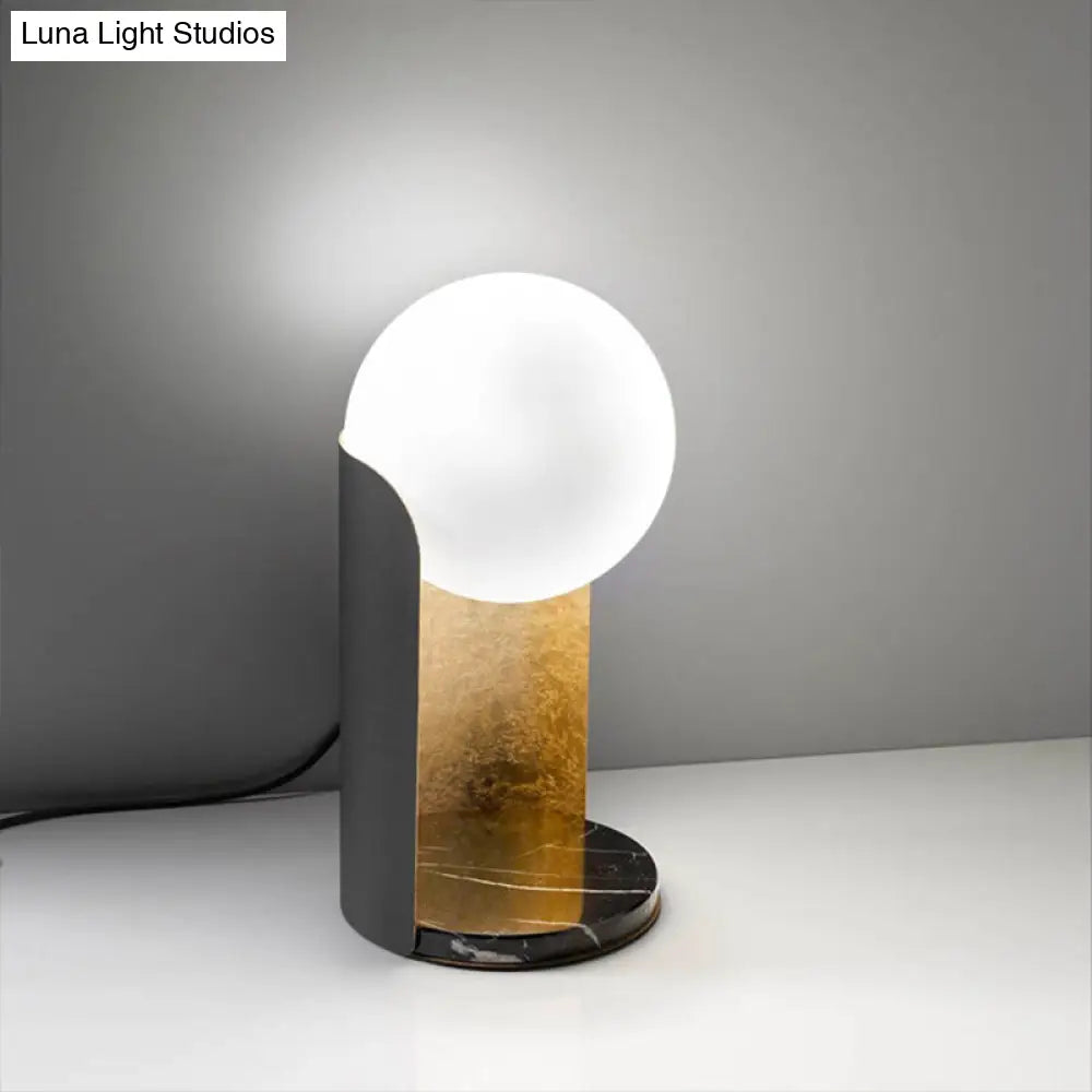 Designer Ball Shade Night Light White Glass Bedroom Table Lamp With Curved Black And Gold Stand