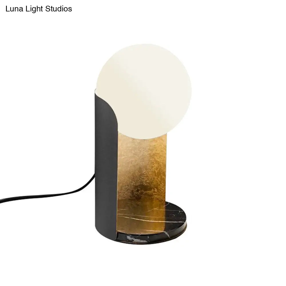 Designer Ball Shade Night Light White Glass Bedroom Table Lamp With Curved Black And Gold Stand