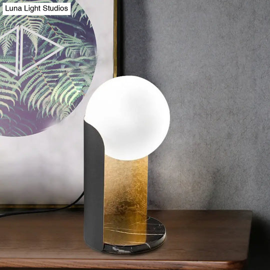 Designer Ball Shade Night Light White Glass Bedroom Table Lamp With Curved Black And Gold Stand