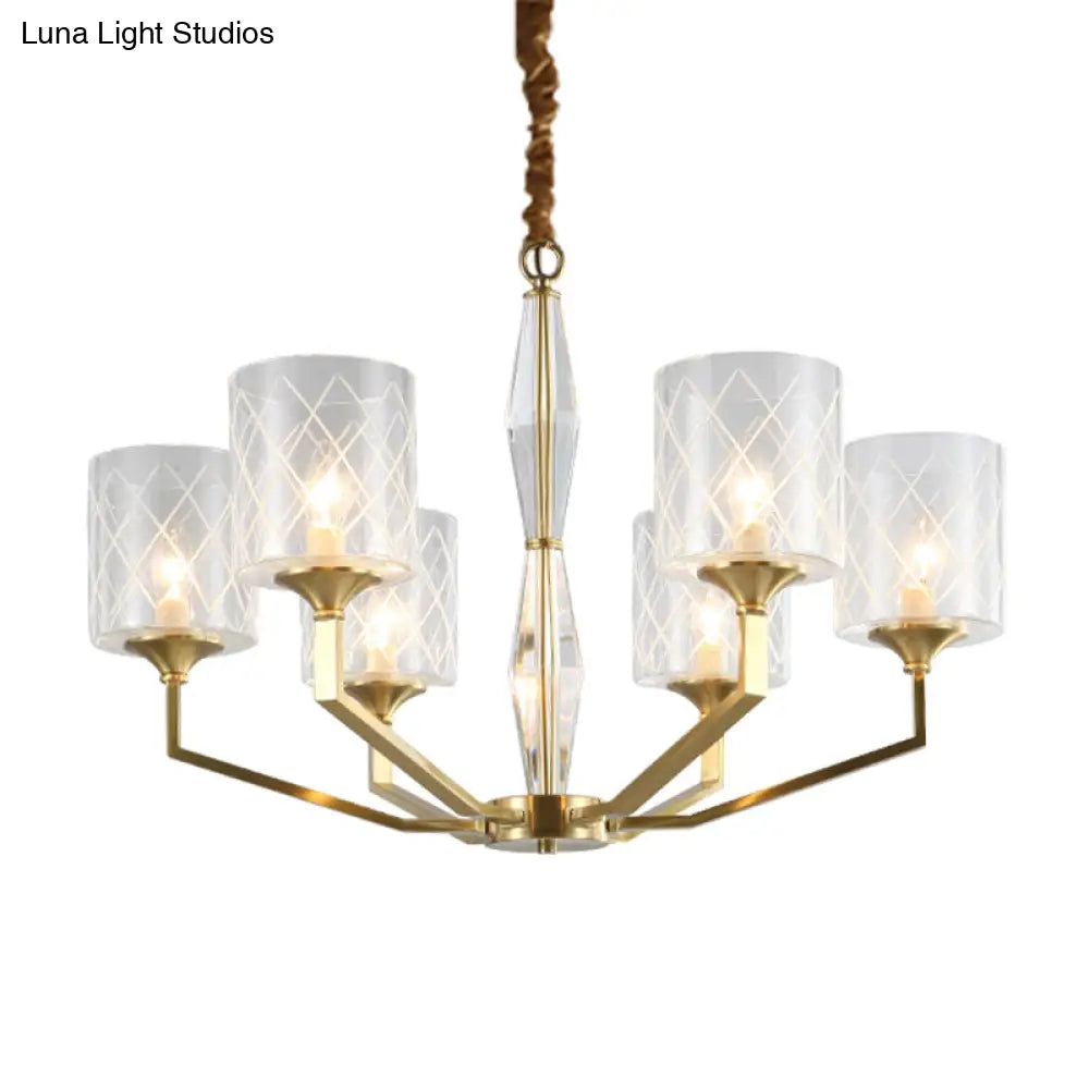 Emanuela - Elegant Grid Cylinder Shade Chandelier Style Metallic Ceiling Pendant In Gold For Study