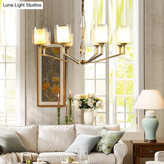 Elegant Gold Grid Cylinder Shade Chandelier For Study Room 8 /