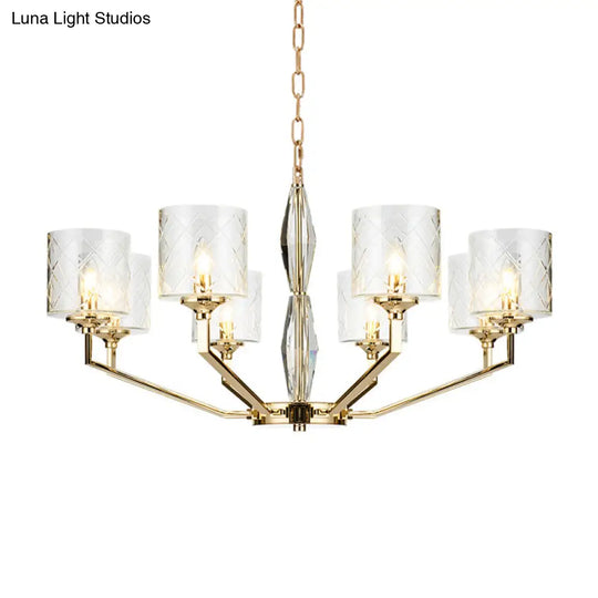 Emanuela - Elegant Grid Cylinder Shade Chandelier Style Metallic Ceiling Pendant In Gold For Study