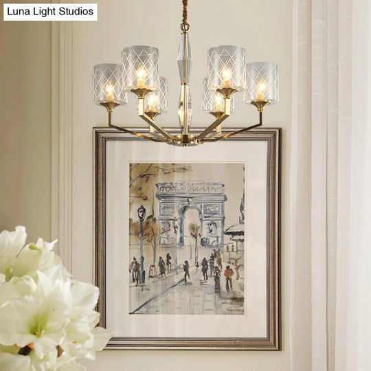 Emanuela - Elegant Grid Cylinder Shade Chandelier Style Metallic Ceiling Pendant In Gold For Study