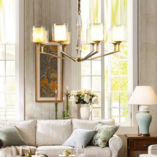 Emanuela - Elegant Grid Cylinder Shade Chandelier Style Metallic Ceiling Pendant In Gold For Study