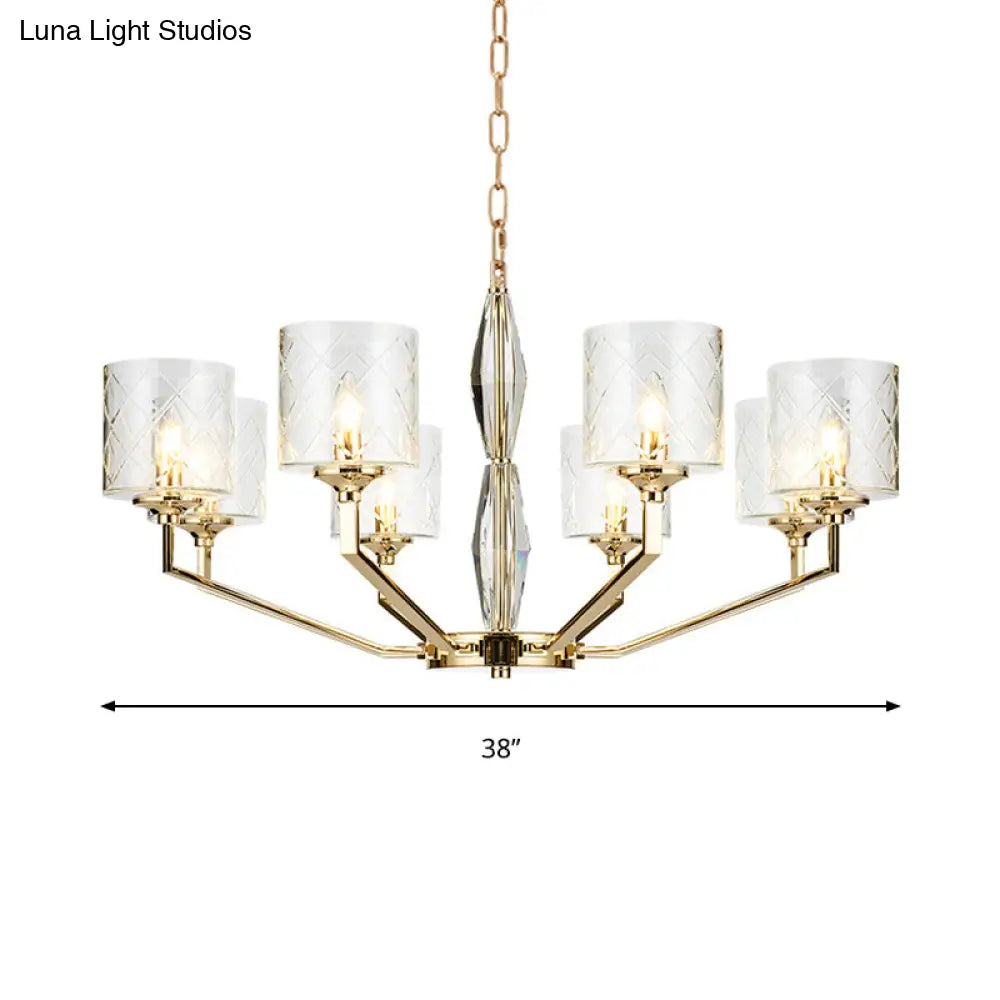 Emanuela - Elegant Grid Cylinder Shade Chandelier Style Metallic Ceiling Pendant In Gold For Study