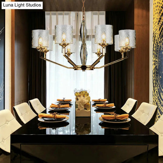 Emanuela - Elegant Grid Cylinder Shade Chandelier Style Metallic Ceiling Pendant In Gold For Study