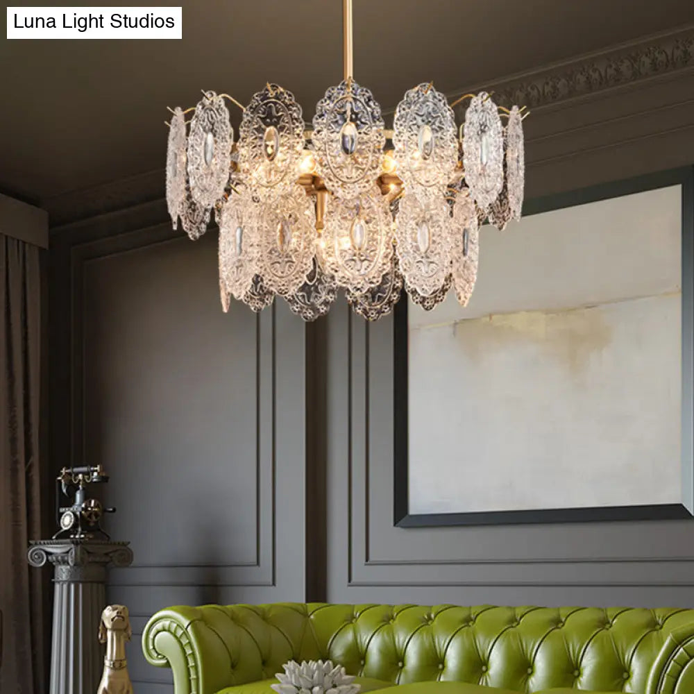 Embossed Crystal Pendant Chandelier Lamp With Gold Canopy Modern Bedchamber Lighting 5/7 Heads