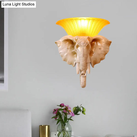 Embossed Elephant Resin Sconce Light: White/Golden Finish - Asian Wall Lighting Fixture