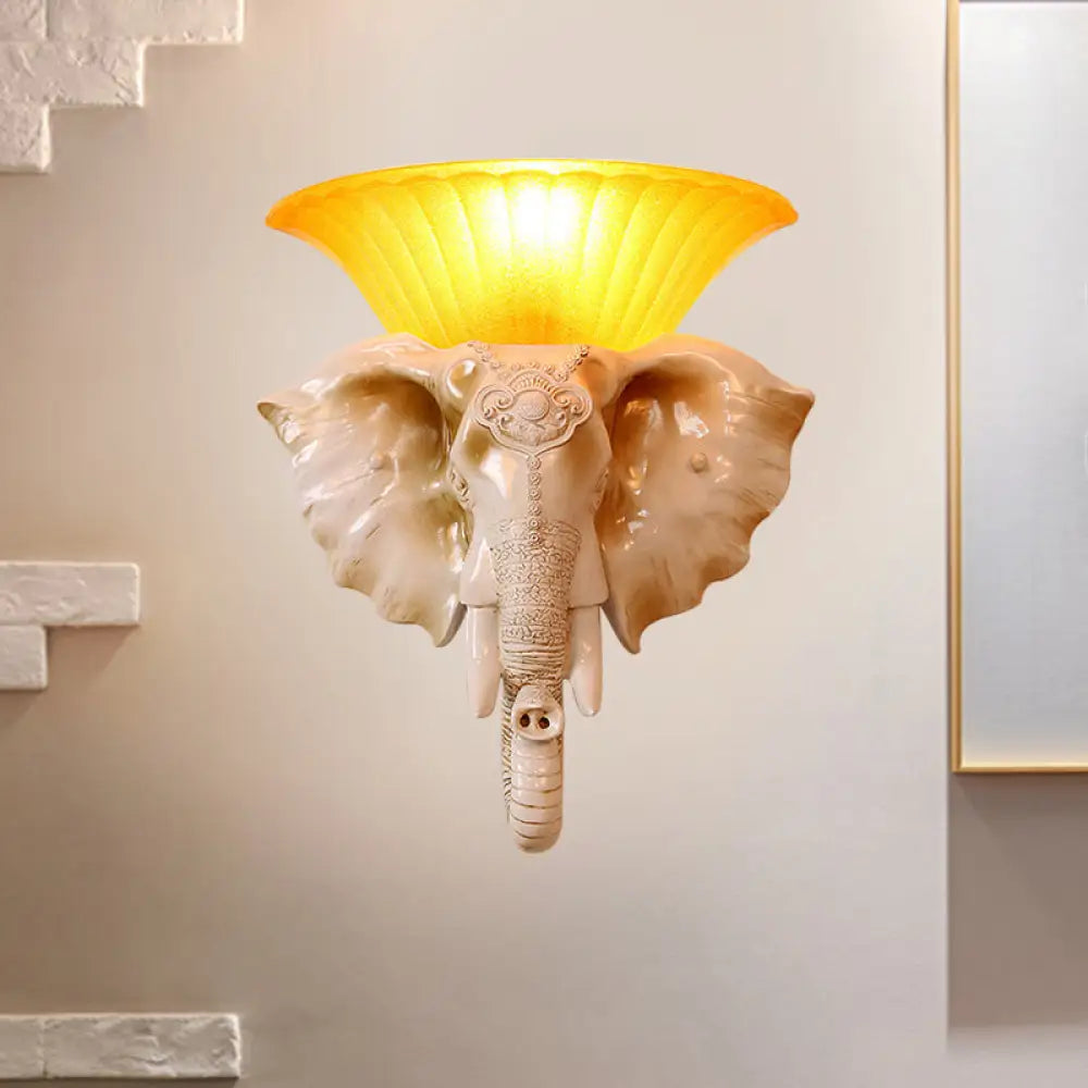 Embossed Elephant Resin Sconce Light: White/Golden Finish - Asian Wall Lighting Fixture White