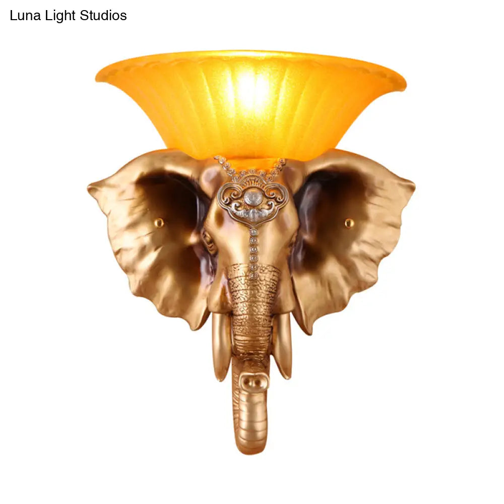 Embossed Elephant Resin Sconce Light: White/Golden Finish - Asian Wall Lighting Fixture