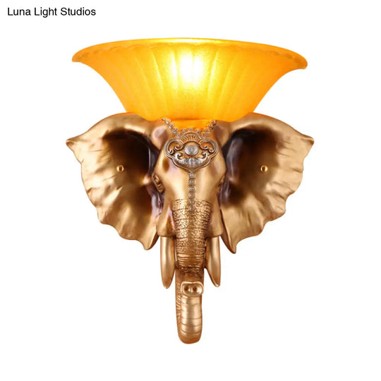 Embossed Elephant Resin Sconce Light: White/Golden Finish - Asian Wall Lighting Fixture