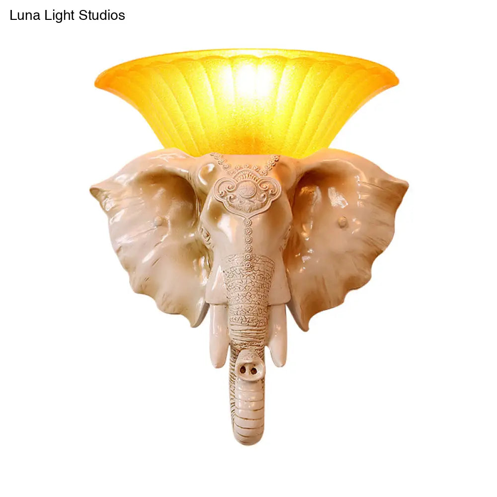 Embossed Elephant Resin Sconce Light: White/Golden Finish - Asian Wall Lighting Fixture