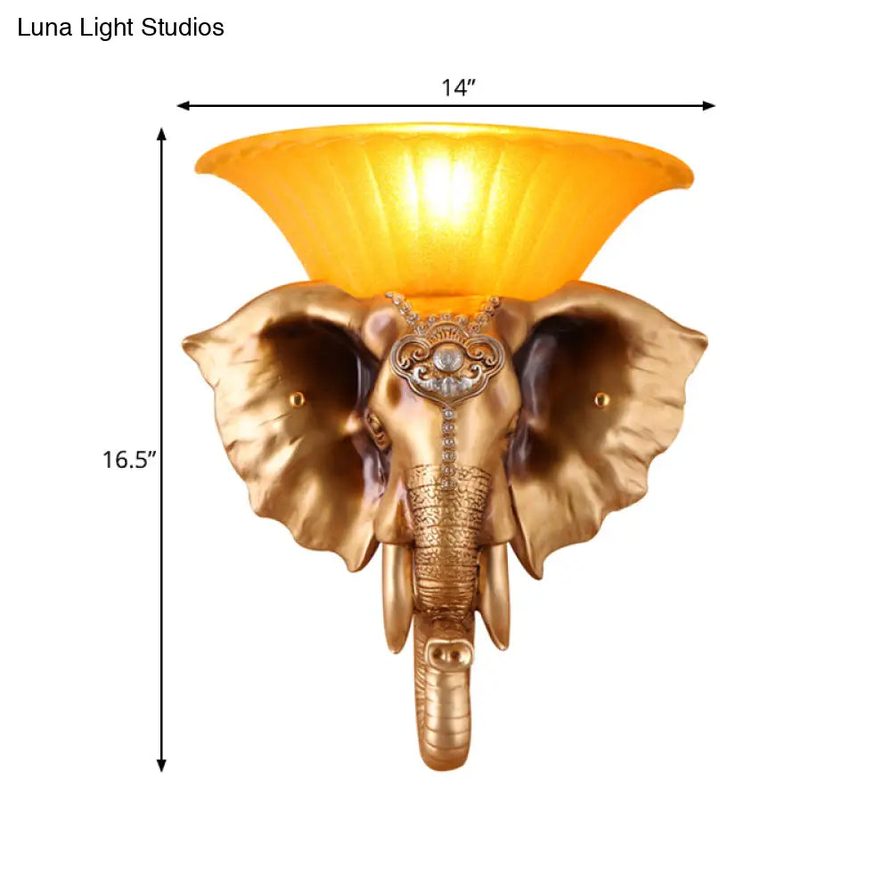 Embossed Elephant Resin Sconce Light: White/Golden Finish - Asian Wall Lighting Fixture