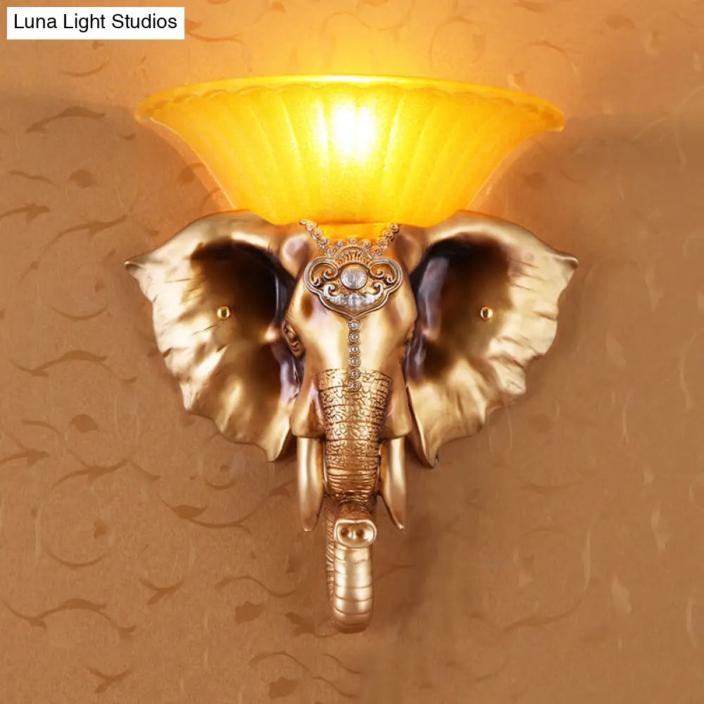 Embossed Elephant Resin Sconce Light: White/Golden Finish - Asian Wall Lighting Fixture