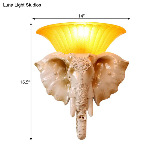 Embossed Elephant Resin Sconce Light: White/Golden Finish - Asian Wall Lighting Fixture