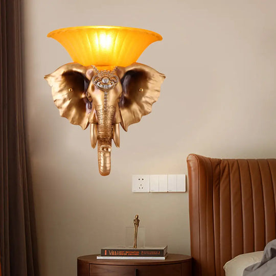 Embossed Elephant Resin Sconce Light: White/Golden Finish - Asian Wall Lighting Fixture Gold