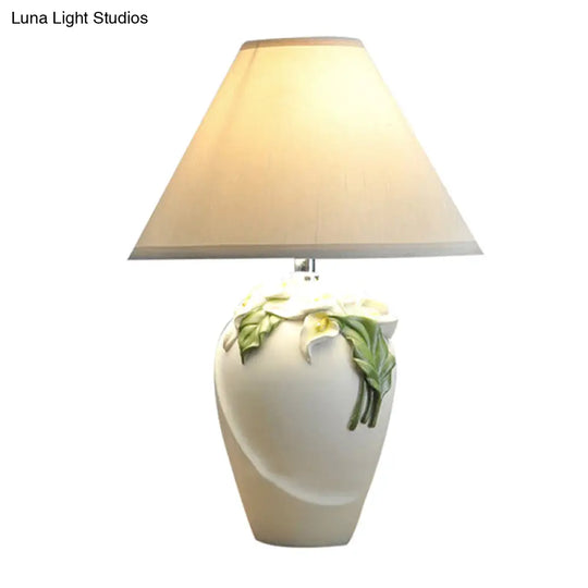 Embossed Lily Urn Night Lamp - Rural White/Green Ceramic Table Light With Cone Shade