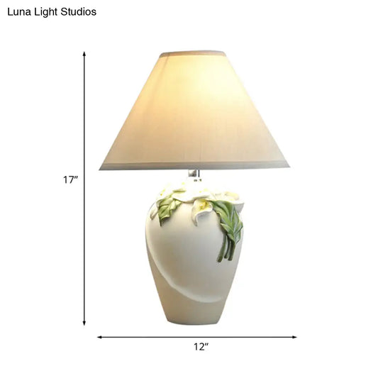 Embossed Lily Urn Night Lamp - Rural White/Green Ceramic Table Light With Cone Shade