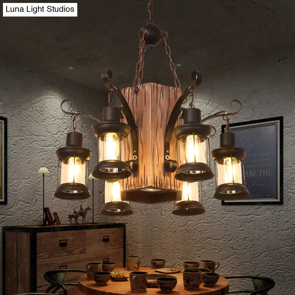 Emily - Clear Glass Chandelier: Farmhouse 6-Light Lantern Dining Room Lamp Black