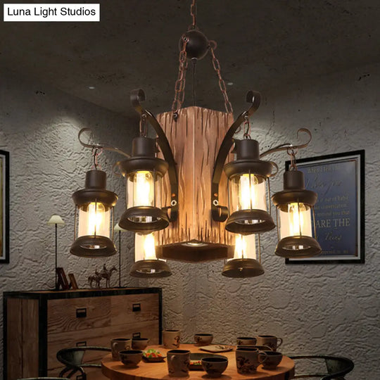 Emily - Clear Glass Chandelier: Farmhouse 6-Light Lantern Dining Room Lamp Black