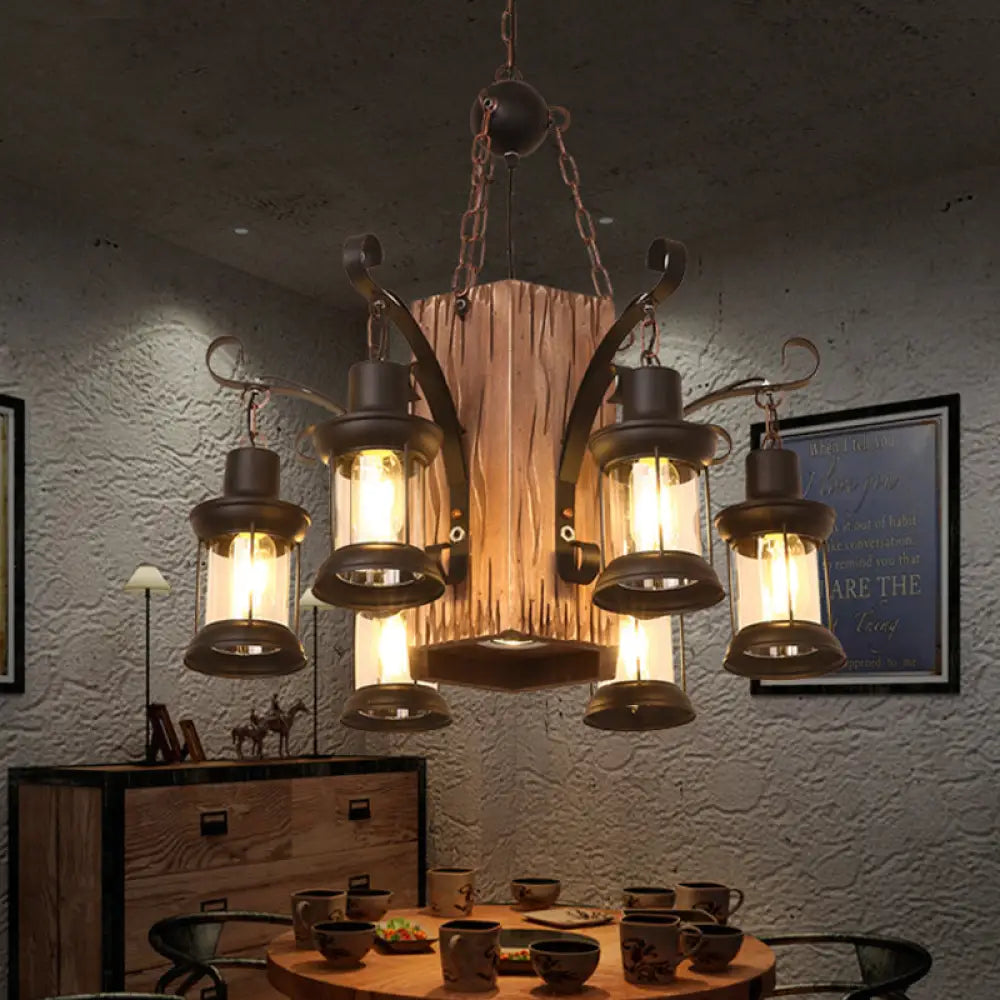 Emily - Clear Glass Chandelier: Farmhouse 6-Light Lantern Dining Room Lamp Black