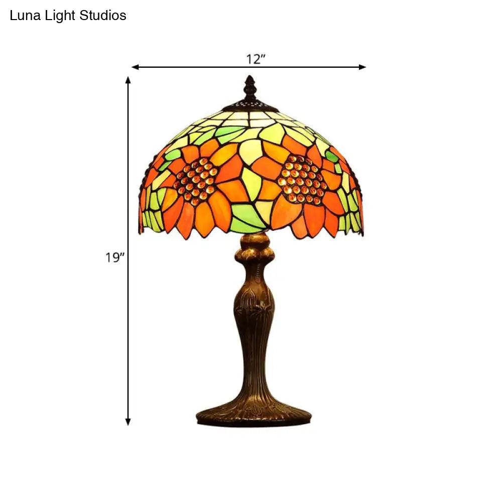 Sunflower Nightstand Lamp: 1-Light Tiffany Table Lamp With Dark Brown Stained Art Glass