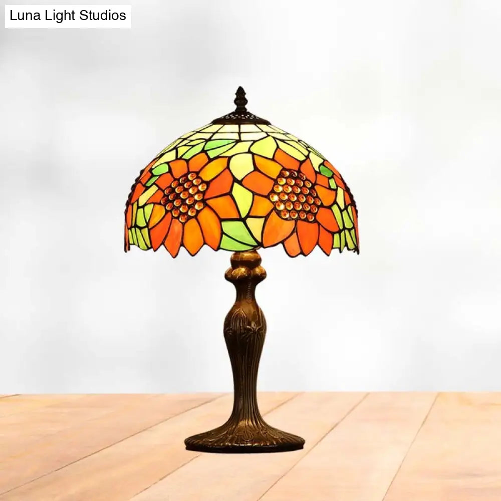 Sunflower Nightstand Lamp: 1-Light Tiffany Table Lamp With Dark Brown Stained Art Glass