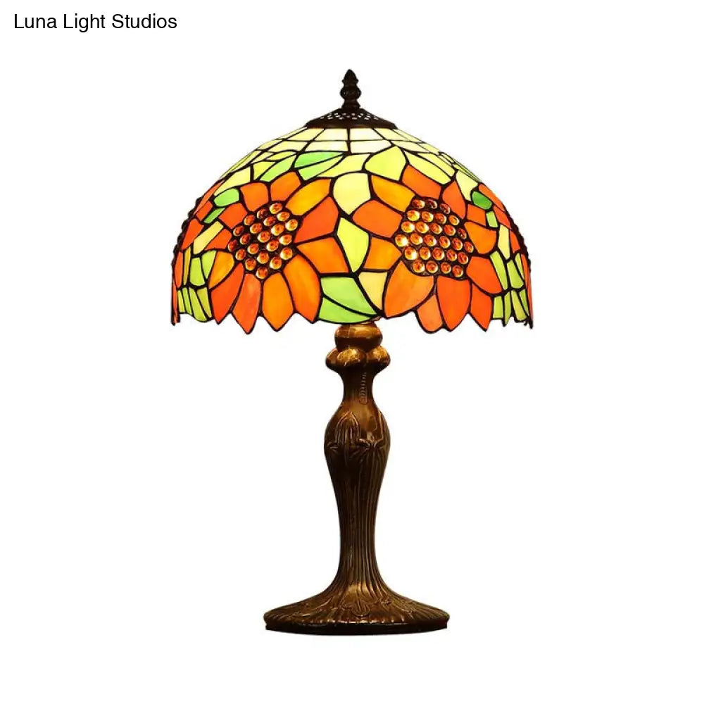 Sunflower Nightstand Lamp: 1-Light Tiffany Table Lamp With Dark Brown Stained Art Glass