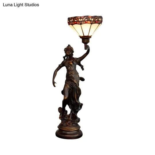 Emily - Tiffany Yellow/White-Brown Glass Table Lamp With Greek Woman Statue