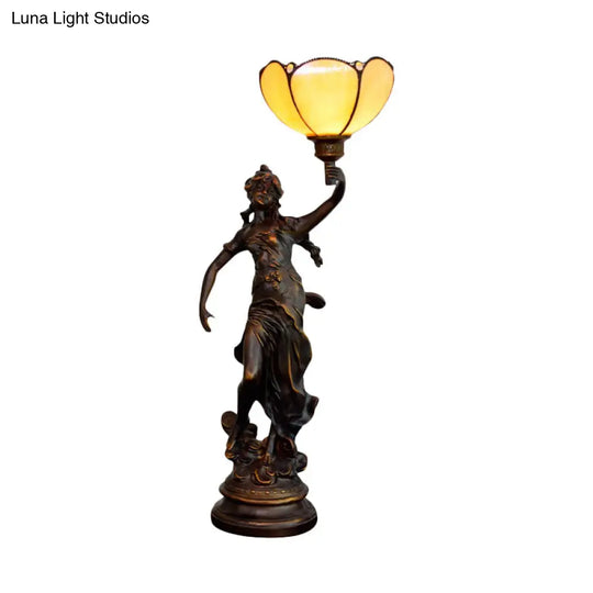 Scalloped/Cone Shade Tiffany Table Light With Greek Woman Statue - Yellow/White-Brown