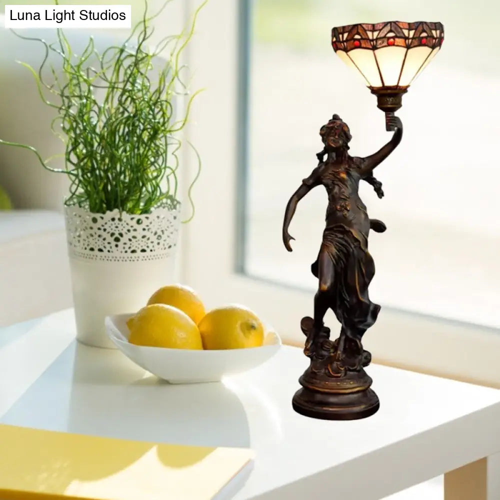 Emily - Tiffany Yellow/White-Brown Glass Table Lamp With Greek Woman Statue