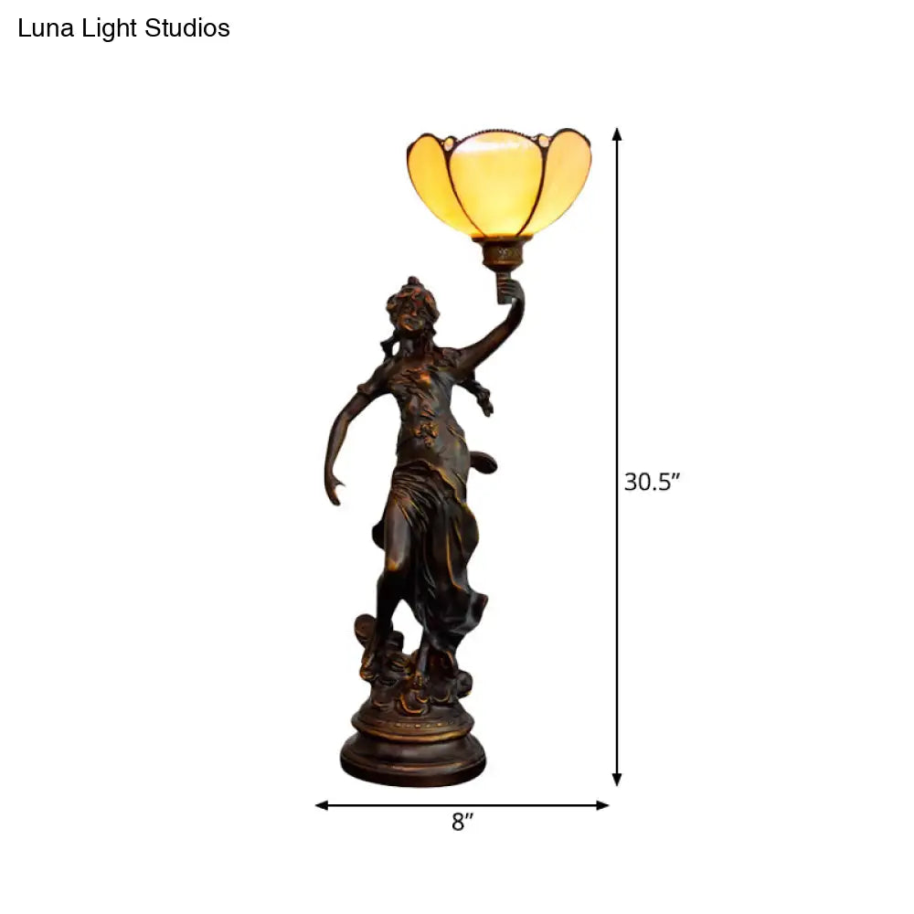 Emily - Tiffany Yellow/White-Brown Glass Table Lamp With Greek Woman Statue