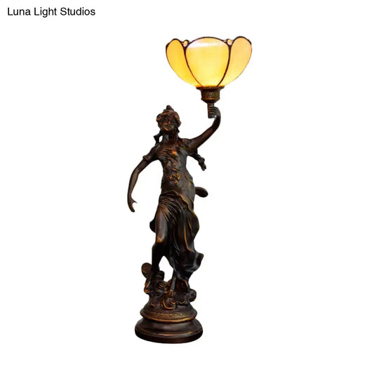 Emily - Tiffany Yellow/White-Brown Glass Table Lamp With Greek Woman Statue