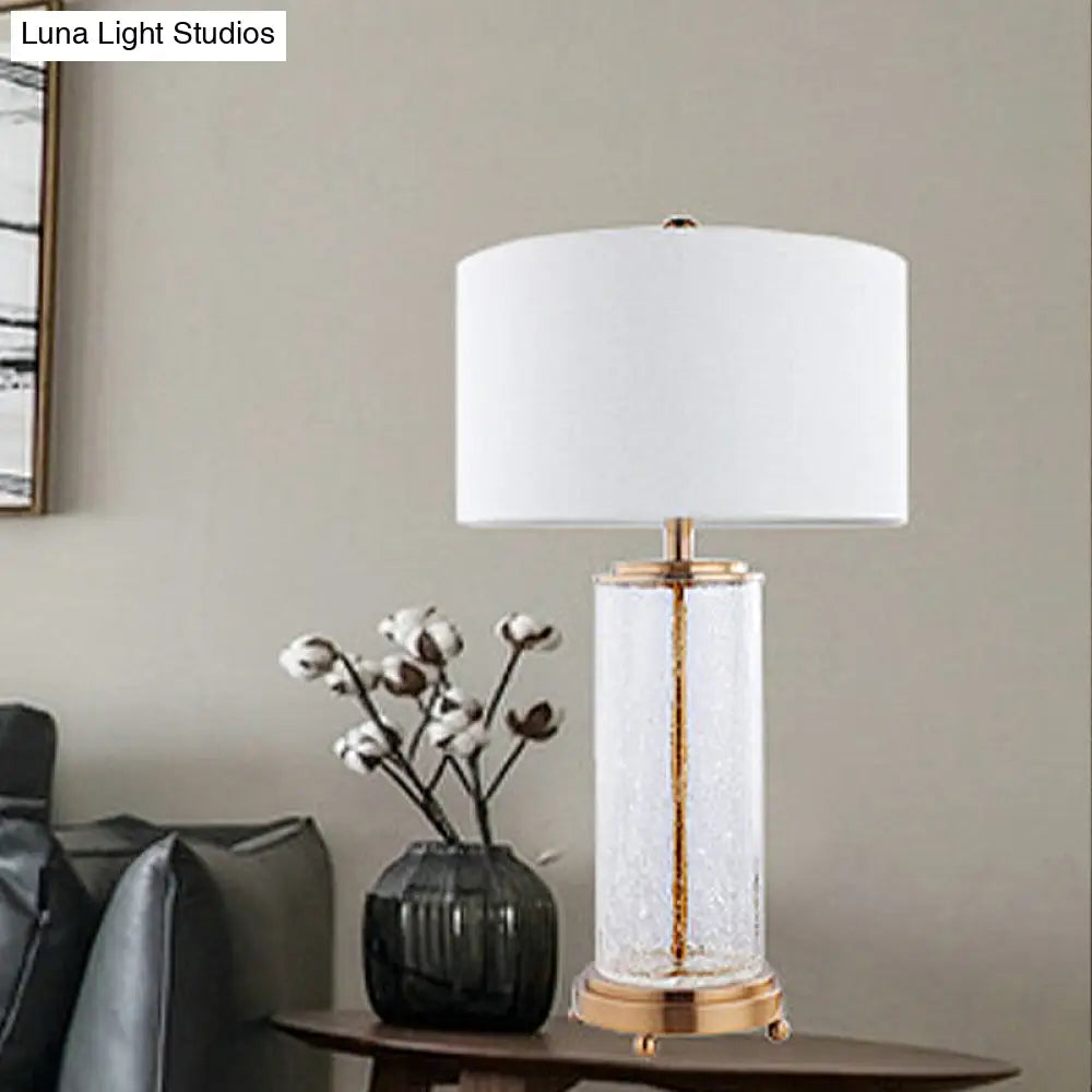 Classic White Fabric 1-Light Night Table Lamp With Clear Crackle Glass Cylinder Base