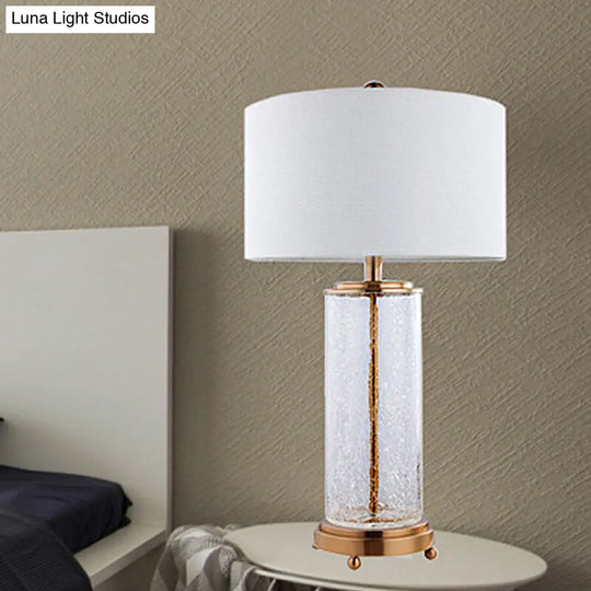 Classic White Fabric 1-Light Night Table Lamp With Clear Crackle Glass Cylinder Base