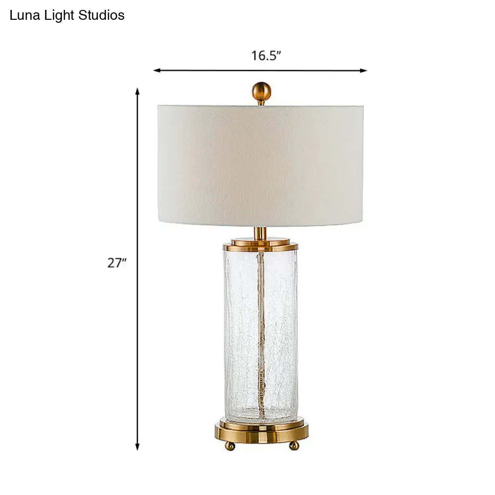 Classic White Fabric 1-Light Night Table Lamp With Clear Crackle Glass Cylinder Base