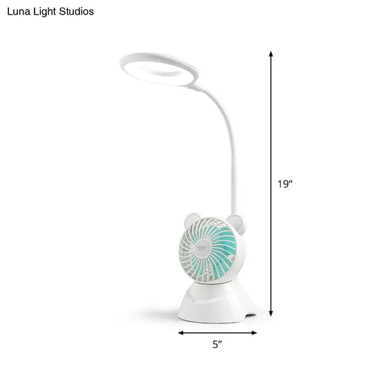 Flexible Led Study Light With Mini Fan - White Macaron Desk Lamp For Kids Room Halo Ring Design