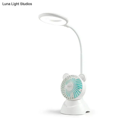 Flexible Led Study Light With Mini Fan - White Macaron Desk Lamp For Kids Room Halo Ring Design