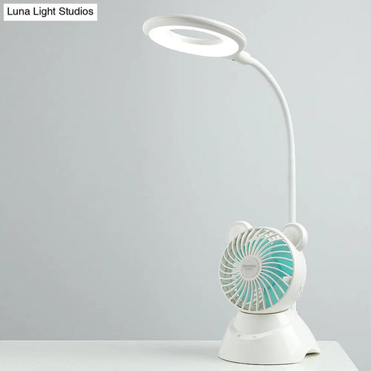 Flexible Led Study Light With Mini Fan - White Macaron Desk Lamp For Kids Room Halo Ring Design