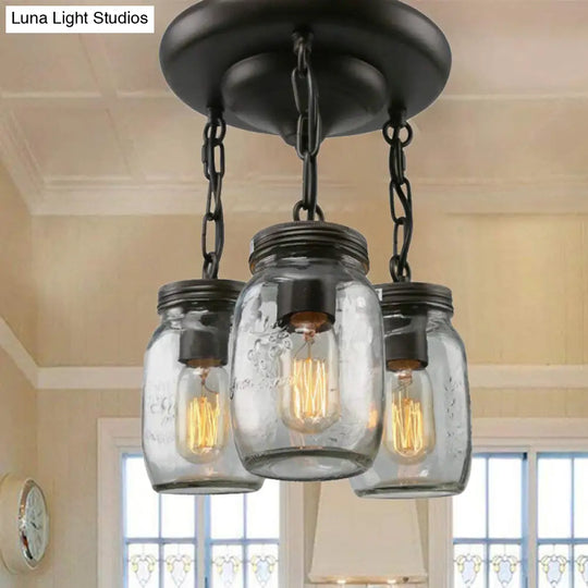 Etched Clear Glass Mason Jar Semi Flush Industrial Light Fixture - Ideal For Dining Room 3/5-Bulb