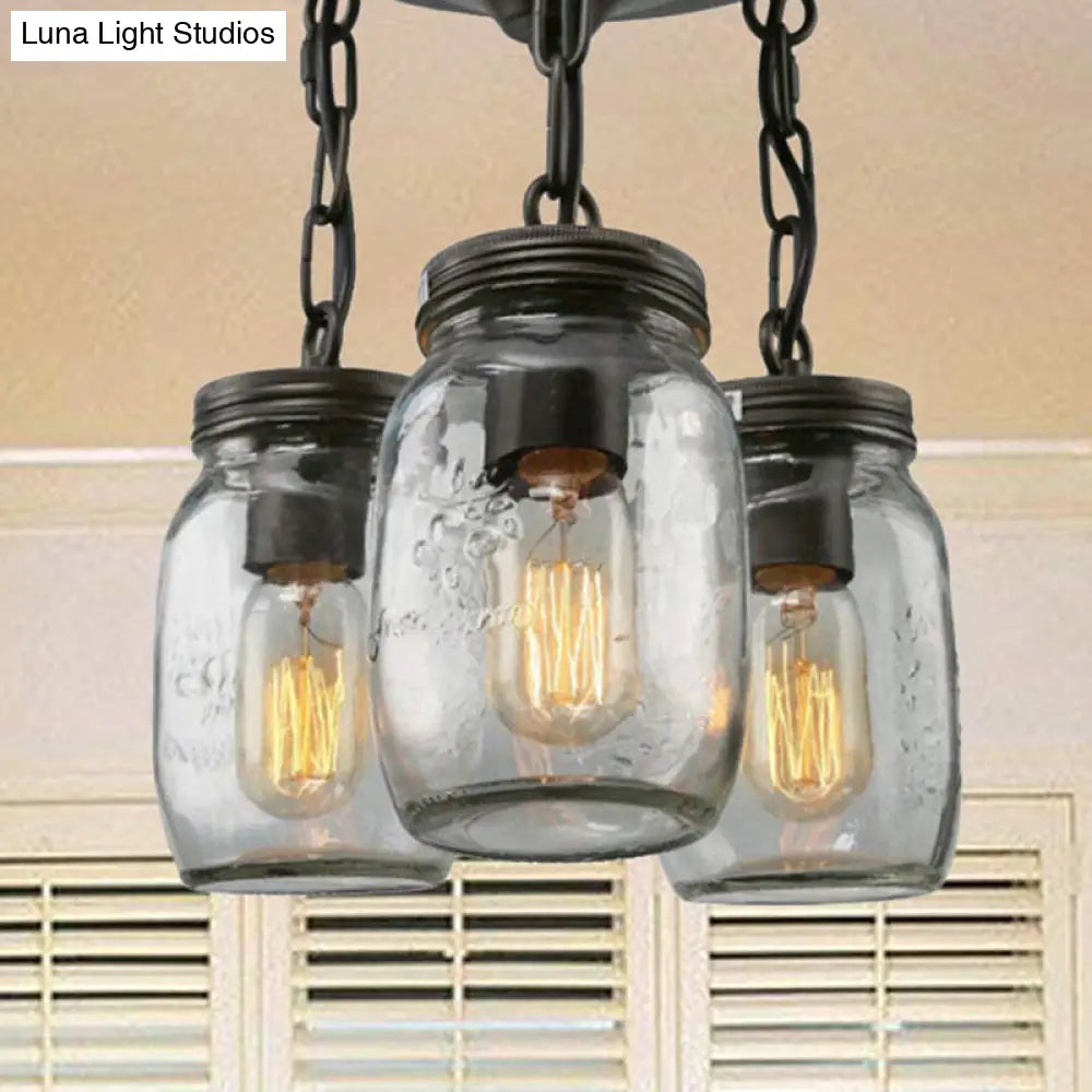 Etched Clear Glass Mason Jar Semi Flush Industrial Light Fixture - Ideal For Dining Room 3/5-Bulb