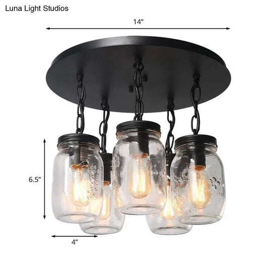 Etched Clear Glass Mason Jar Semi Flush Industrial Light Fixture - Ideal For Dining Room 3/5-Bulb