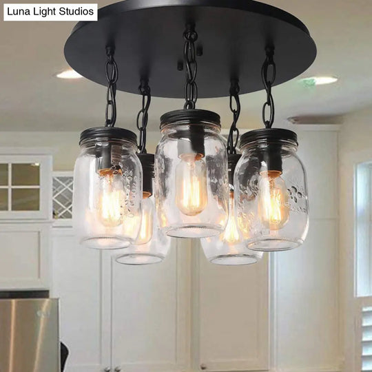 Etched Clear Glass Mason Jar Semi Flush Industrial Light Fixture - Ideal For Dining Room 3/5-Bulb