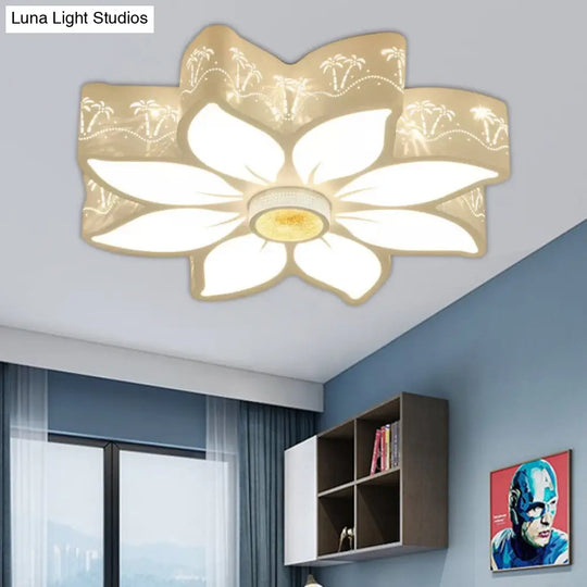 Etched Flower Flush Mount Led Ceiling Light - Contemporary Metal Fixture For Girls Bedroom White