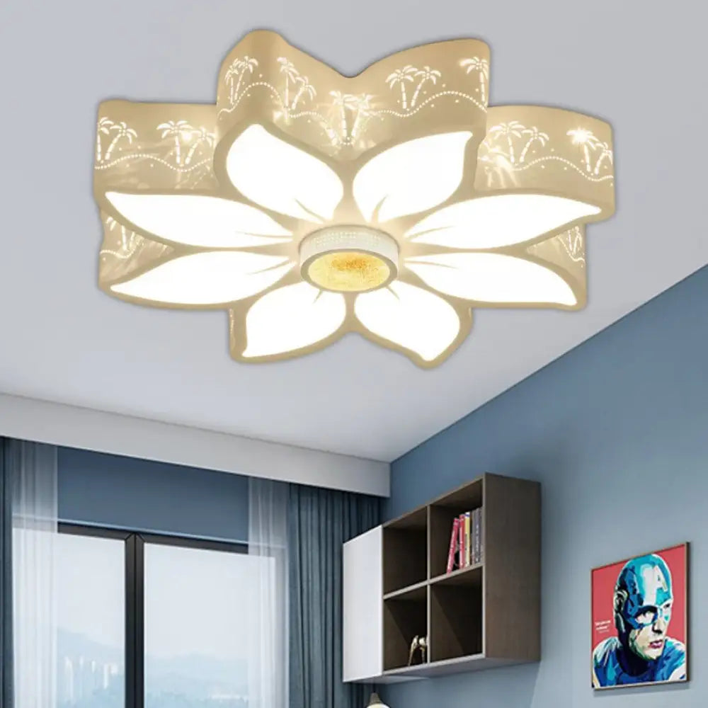 Etched Flower Flush Mount Led Ceiling Light - Contemporary Metal Fixture For Girls Bedroom White