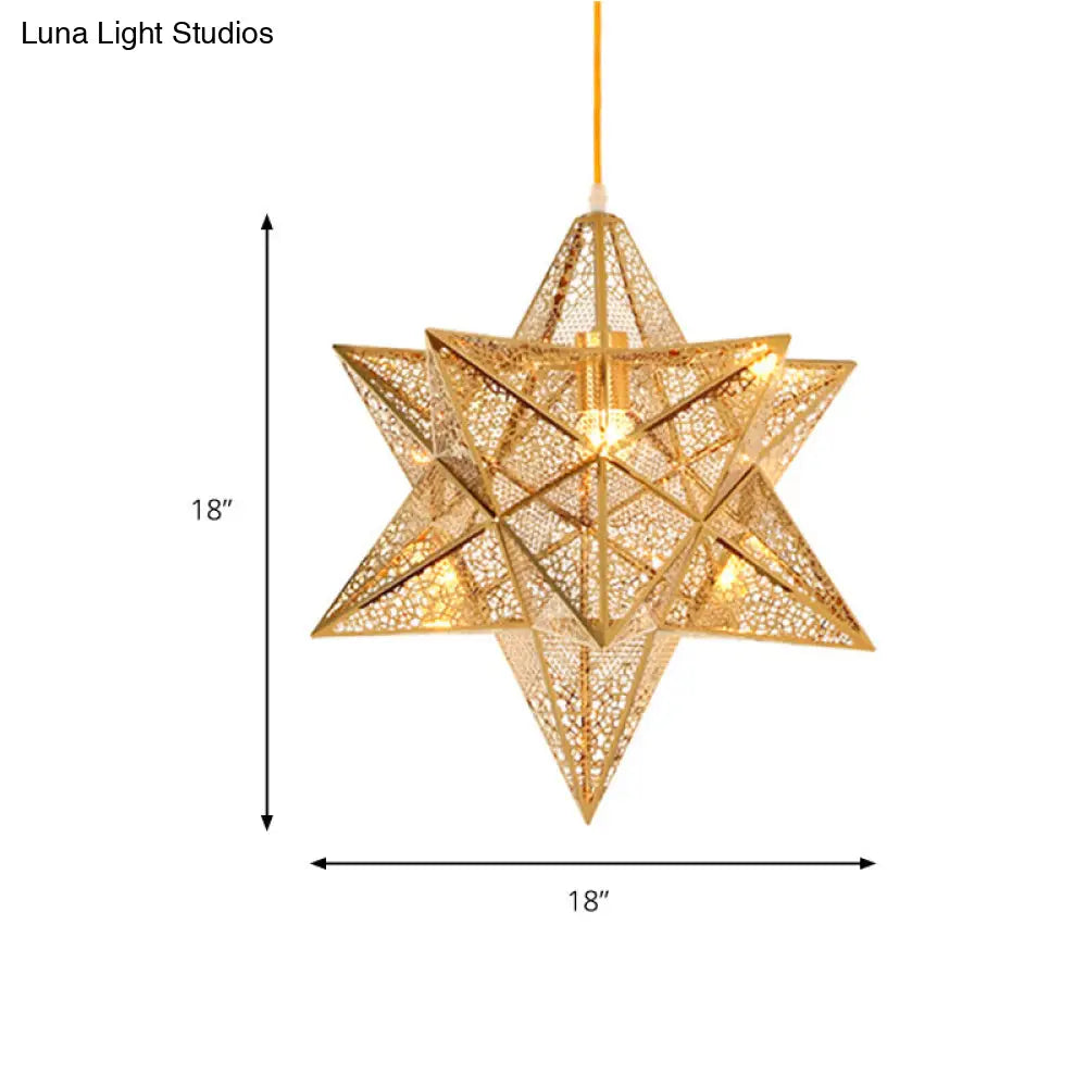 Etched Star Pendant Ceiling Light - Post-Modern Metal With Gold Finish 14/18 Width