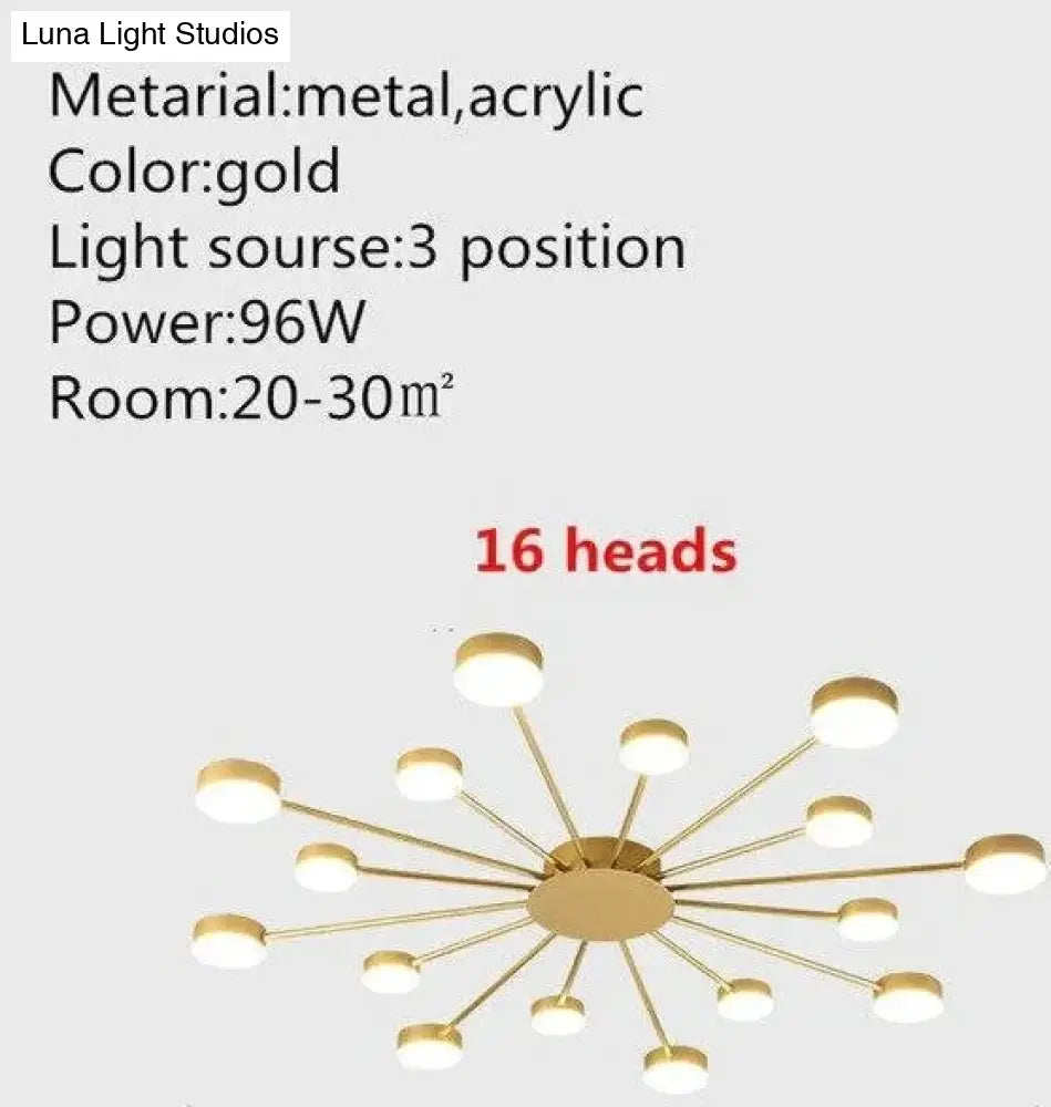 Europe Ceiling Lamp Contracted Modern 16 Heads Led Gold Indoor Light Restaurant Living Room Bedroom